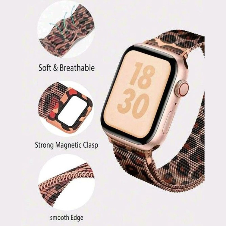 بند استیل زنانه اپل واچ طرح پلنگی مناسب اپل واچ سری 10/11 ده و یازده سایز 46 میلی متری Apple Watch Seri 10/11 46mm